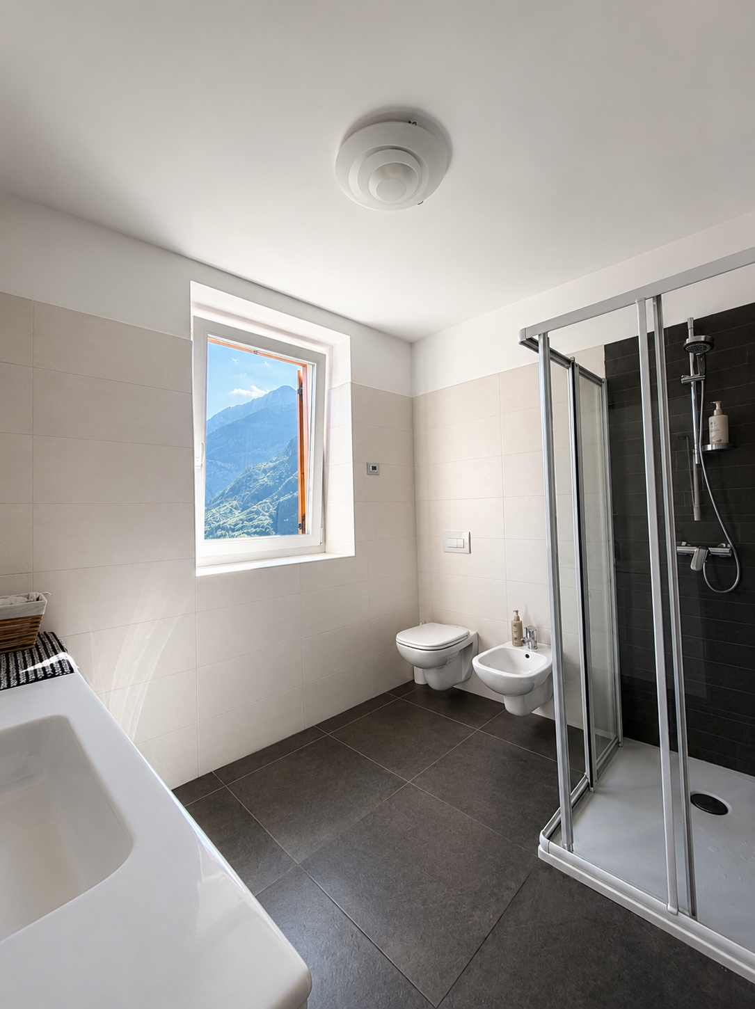 Bagno con doccia e vista sulle montagne